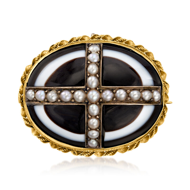 C. 1900 Vintage 2.5mm Cultured Pearl and Multicolored Agate Pin/Pendant in 18kt Yellow Gold  image number 0