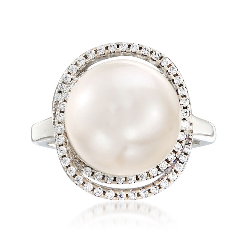 Italian 12mm Cultured Pearl and .78 ct. t.w. CZ Ring in Sterling Silver image number 0