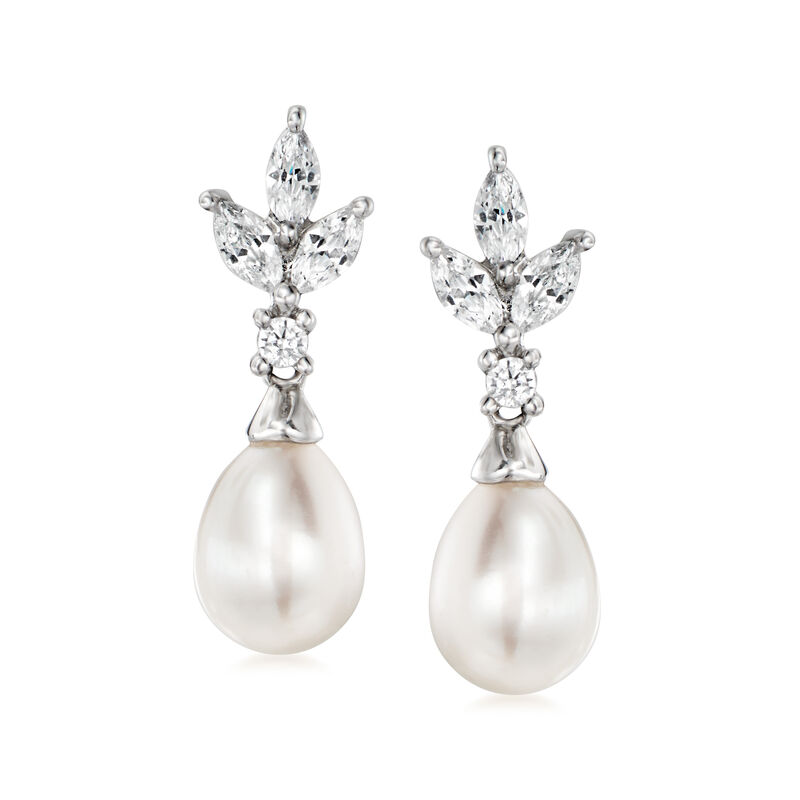 6-7.5mm Cultured Pearl and .98 ct. t.w. CZ Jewelry Set: Earrings and Pendant Necklace in Sterling Silver. 18&quot; image number 4