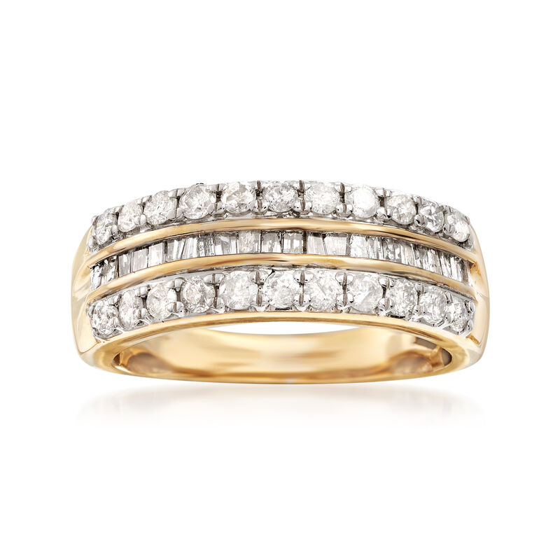 1.00 ct. t.w. Round and Baguette Diamond Three-Row Ring in 14kt Gold Over Sterling image number 0