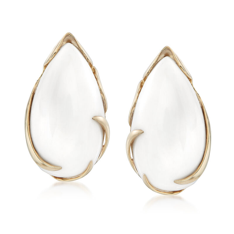 Pear-Shaped White Agate Cabochon Earrings in 14kt Yellow Gold. image number 0