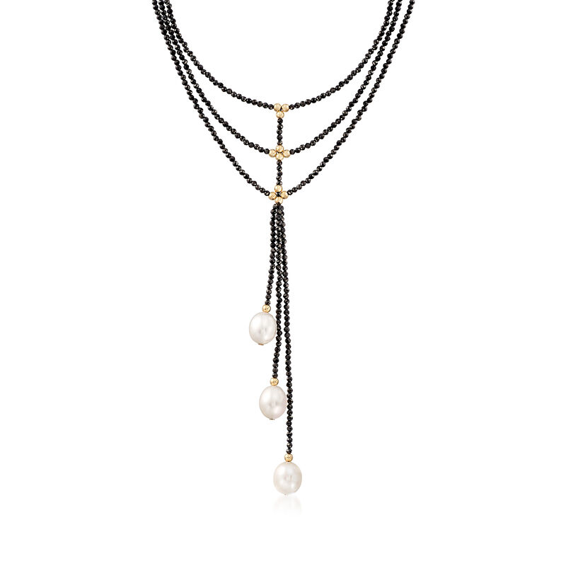 10-10.5mm Cultured Pearl and 60.00 ct. t.w. Black Spinel Lariat Necklace in 14kt Yellow Gold  image number 0