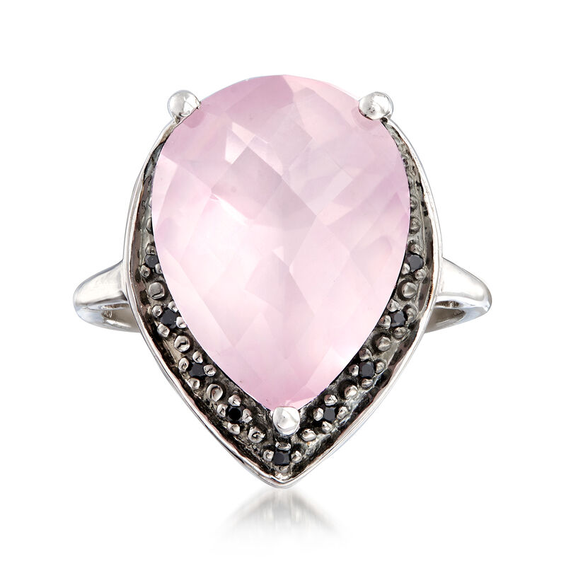 6.25 Carat Rose Quartz Pear-Shaped Ring with Black Spinel Accents in Sterling Silver  image number 0