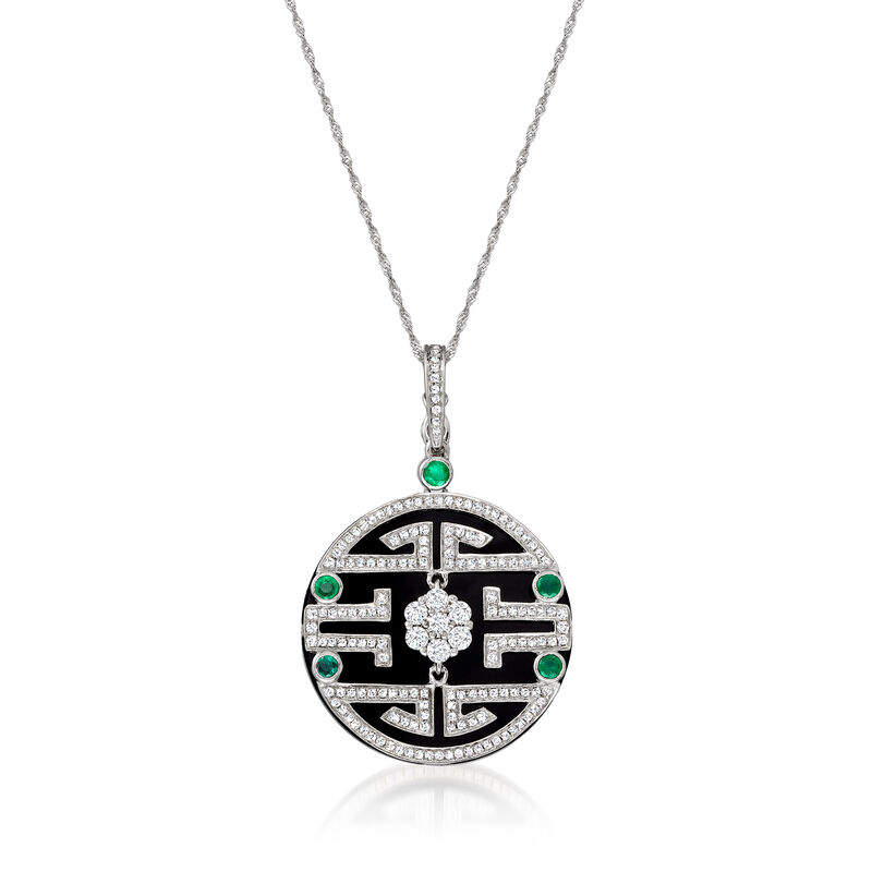 Black Onyx and 1.00 ct. t.w. Diamond Maze Pendant with .30 ct. t.w. Emeralds in 18kt White Gold image number 3