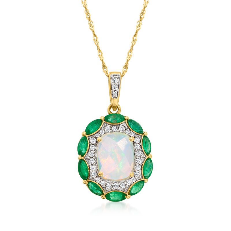 Ethiopian Opal and 1.40 ct. t.w. Emerald Pendant Necklace with .22 ct. t.w. Diamonds in 14kt Yellow Gold image number 0