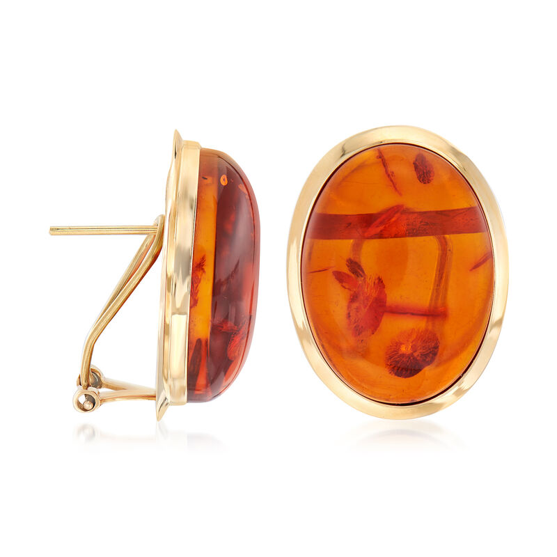 Oval Cabochon Amber Earrings in 14kt Yellow Gold image number 2
