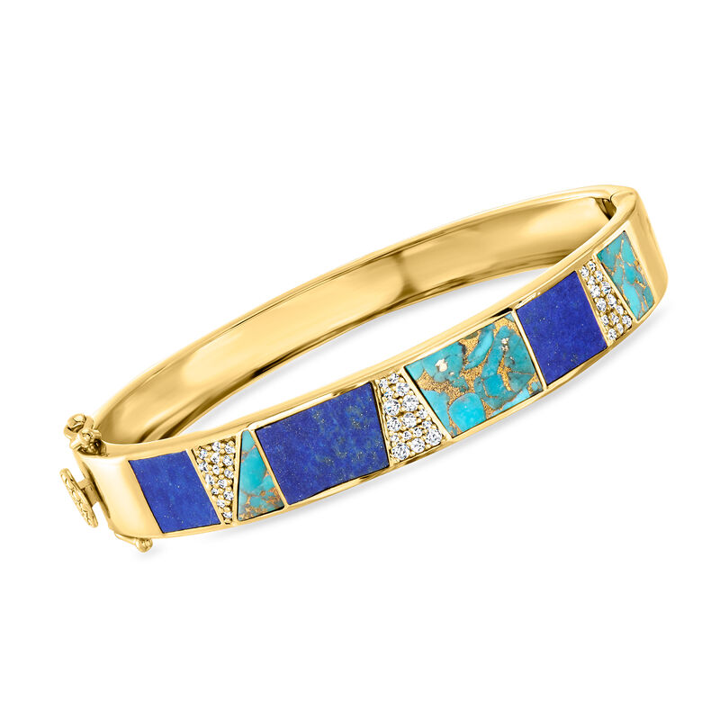 Turquoise, Lapis and 1.00 ct. t.w. White Topaz Bracelet in 18kt Gold Over Sterling image number 0