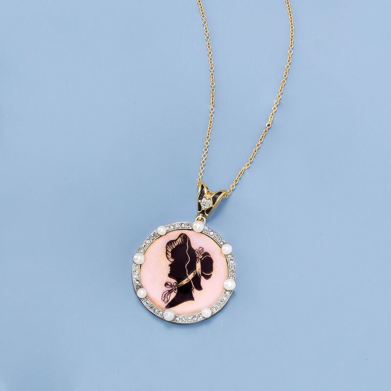 C. 1910 Vintage 3mm Cultured Pearl and .48 ct. t.w. Diamond Pendant Necklace with Enamel in Platinum and 18kt Yellow Gold. 18&quot; image number 2
