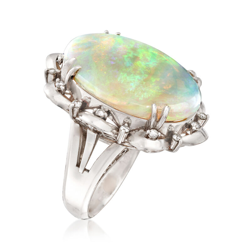 C. 1960 Vintage Opal Cabochon and .27 ct. t.w. Diamond Scallop Ring in Platinum image number 2