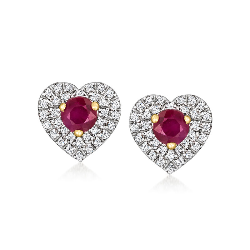 .50 ct. t.w. Ruby and .15 ct. t.w. Diamond Heart Stud Earrings in 14kt Yellow Gold image number 0