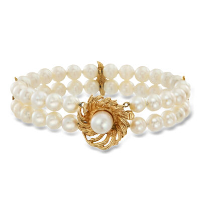 C. 1980 Vintage 6-7mm Cultured Pearl Two-Strand Leaf Bracelet in 14kt Yellow Gold