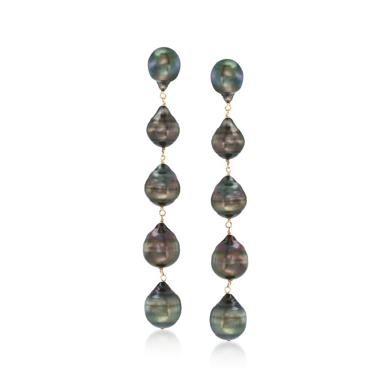 9-11mm Black Cultured Tahitian Baroque Pearl Linear Drop Earrings in 14kt Yellow Gold image number 0