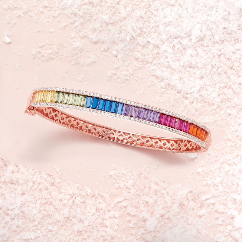 2.60 ct. t.w. Multicolored Simulated Sapphire and 1.00 ct. t.w. CZ Bangle Bracelet in 18kt Rose Gold Over Sterling Silver image number 2