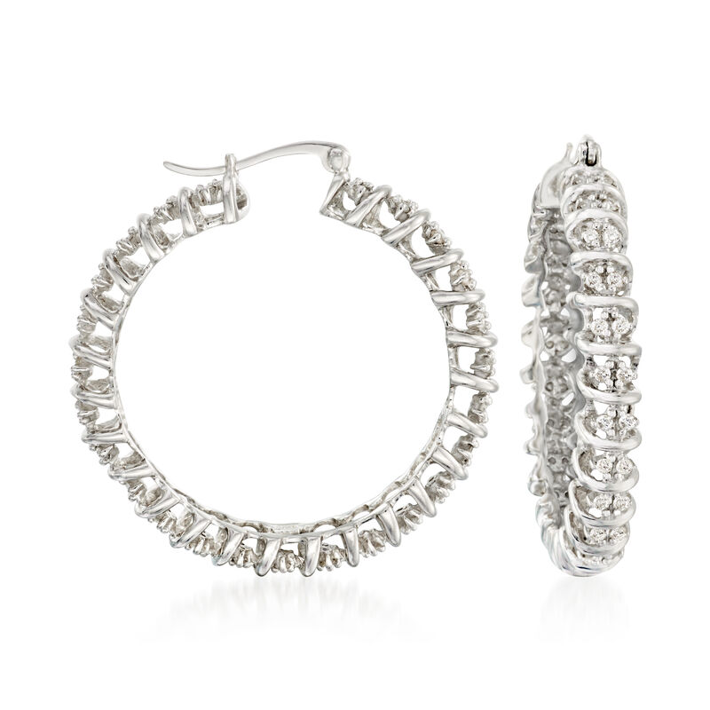 1.00 ct. t.w. Diamond Hoop Earrings in Sterling Silver. 1 3/8&quot; image number 0