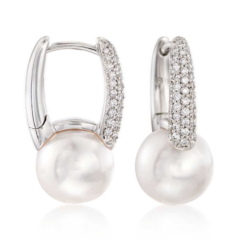 Mikimoto 8mm Akoya Pearl and .26 ct. t.w. Diamond Hoop Earrings in 18kt White Gold. 5/8&quot; image number 0
