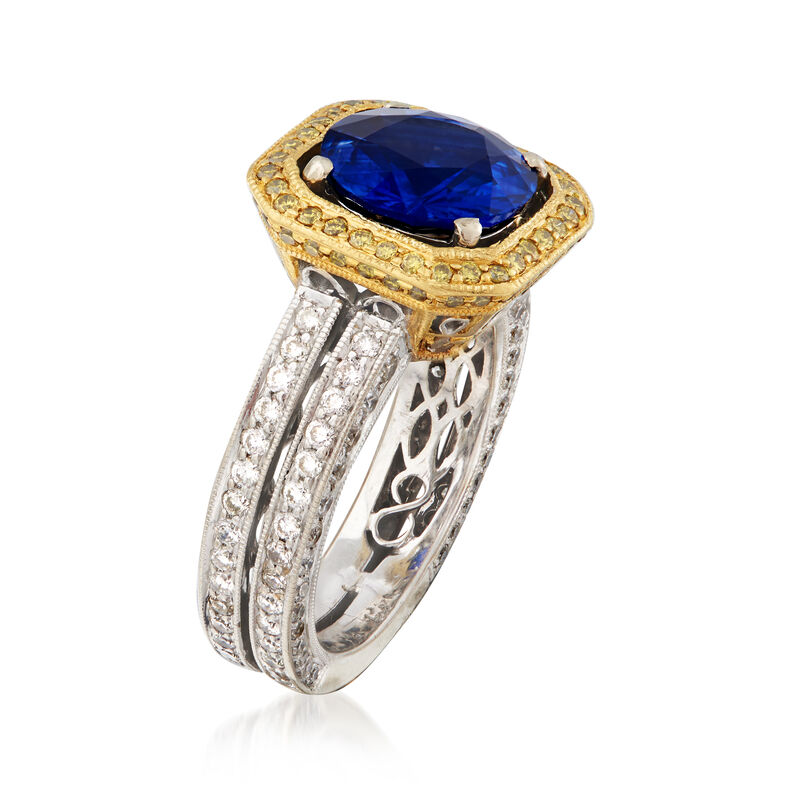 C. 1990 Vintage 2.93 Carat Sapphire and 1.60 ct. t.w. Yellow and White Diamond Ring in Platinum. Size 4.5 image number 2