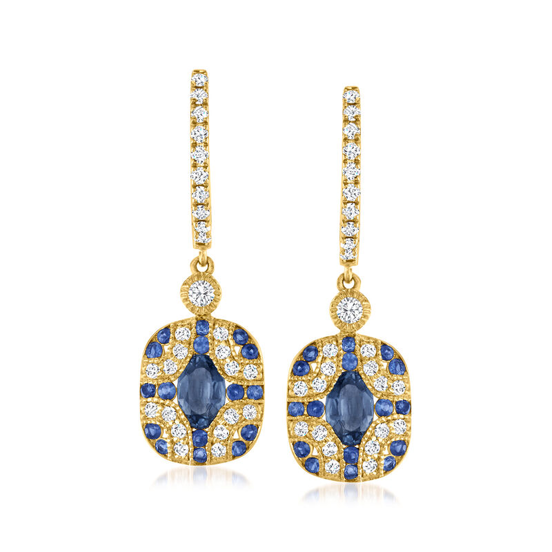 1.70 ct. t.w. Sapphire and .61 ct. t.w. Diamond Milgrain Drop Earrings in 14kt Yellow Gold  image number 0