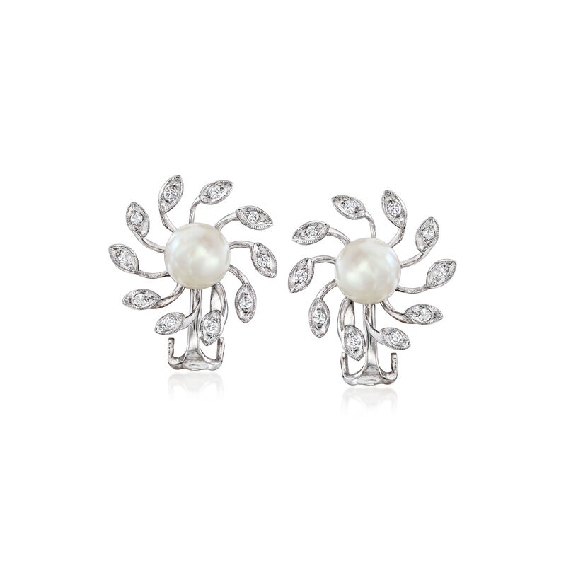 C. 1950 Vintage 7.2mm Cultured Pearl and .20 ct. t.w. Diamond Clip-On Earrings in 14kt White Gold image number 0