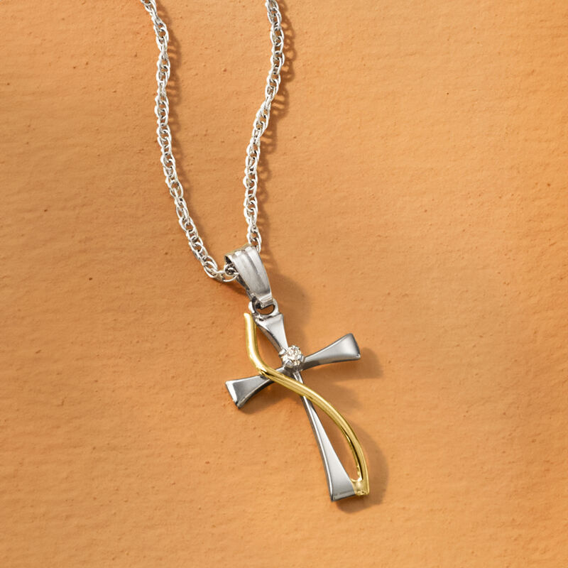 Sterling Silver and 14kt Yellow Gold Cross Pendant Necklace with Single Diamond image number 2