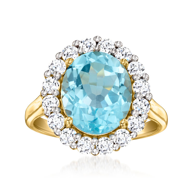 5.00 Carat Sky Blue Topaz Ring with 1.00 ct. t.w. Lab-Grown Diamonds in 18kt Gold Over Sterling image number 0