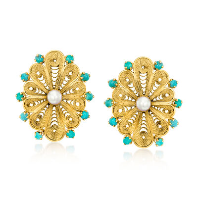 C. 1970 Vintage Turquoise and 4mm Cultured Pearl Earrings in 14kt Yellow Gold