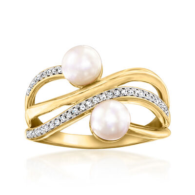 5.5-6mm Cultured Pearl and .10 ct. t.w. Diamond Swirl Ring in 18kt Gold Over Sterling
