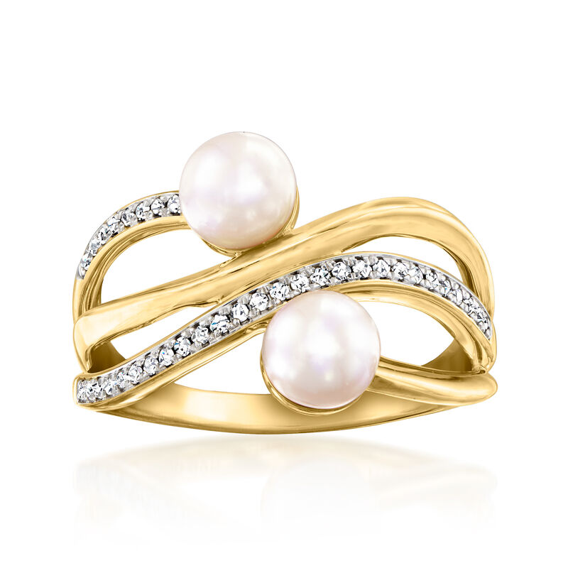 5.5-6mm Cultured Pearl and .10 ct. t.w. Diamond Swirl Ring in 18kt Gold Over Sterling image number 0