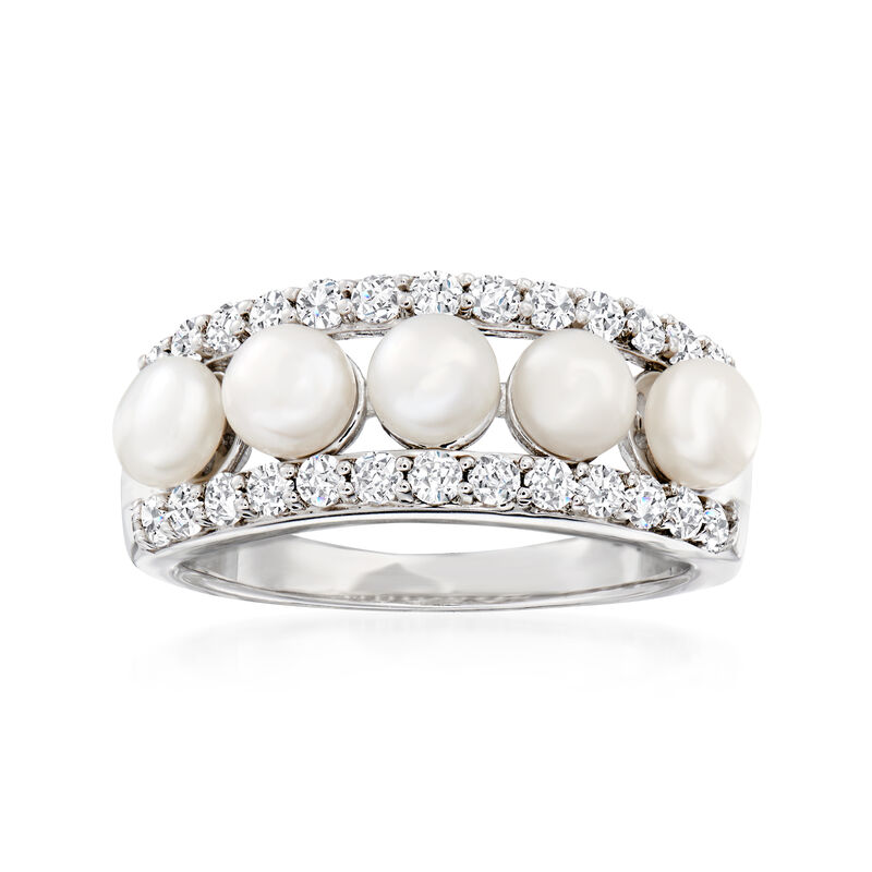 4.5mm Cultured Pearl and .70 ct. t.w. White Topaz Ring in Sterling Silver image number 0