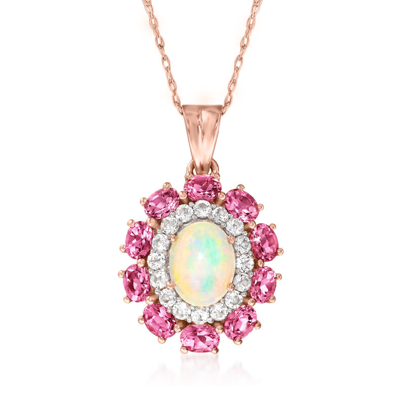 Opal and 2.50 ct. t.w. Pink Tourmaline Pendant Necklace with 1.00 ct. t.w. White Topaz in 18kt Rose Gold Over Sterling image number 0