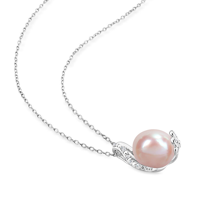 12-12.5mm Pink Cultured Pearl and .10 ct. t.w. Diamond Pendant Necklace in Sterling Silver. 18&quot; image number 1