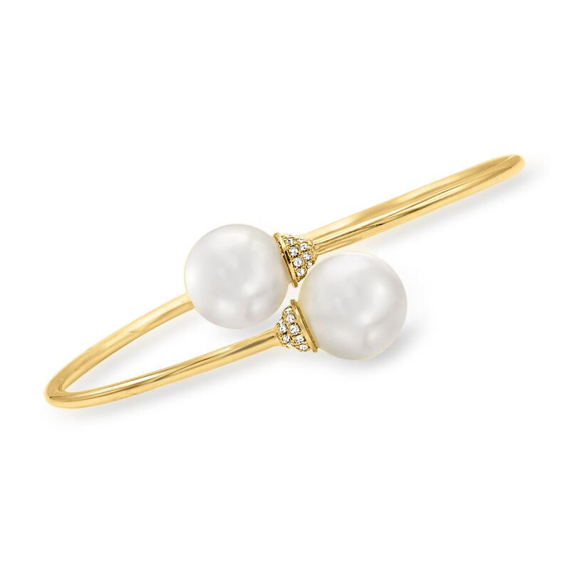 11-12mm Cultured South Sea Pearl and .20 ct. t.w. Diamond Bypass Cuff Bracelet in 18kt Yellow Gold. 7&quot; image number 0
