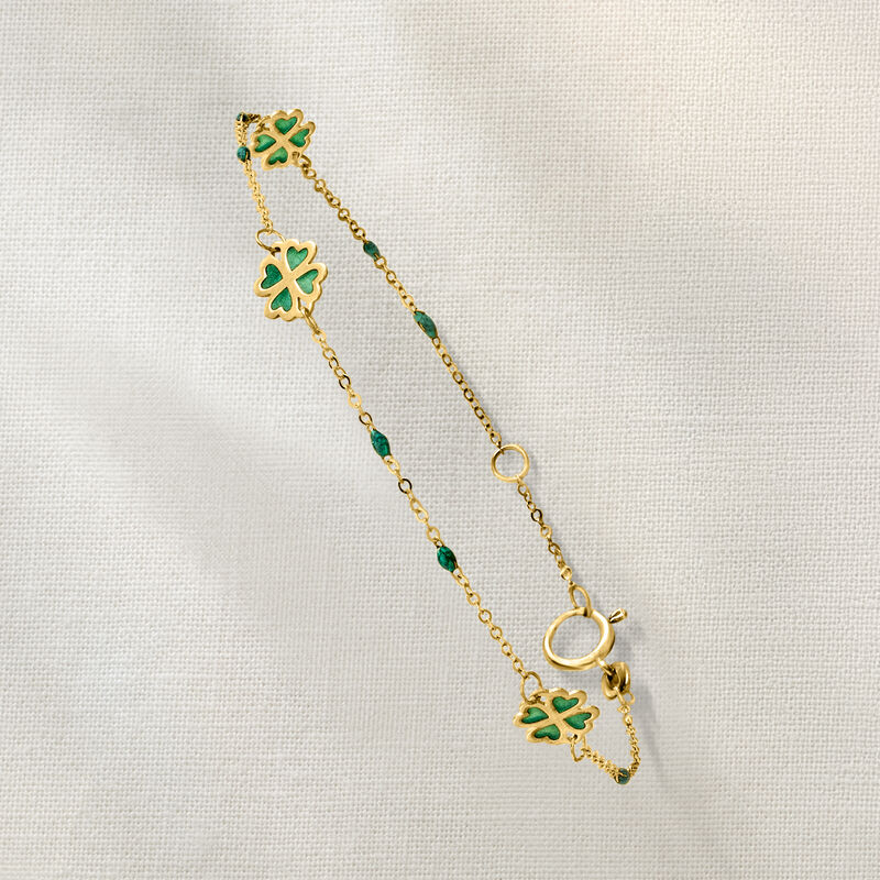 Italian Green Enamel Clover Station Bracelet in 14kt Yellow Gold image number 2