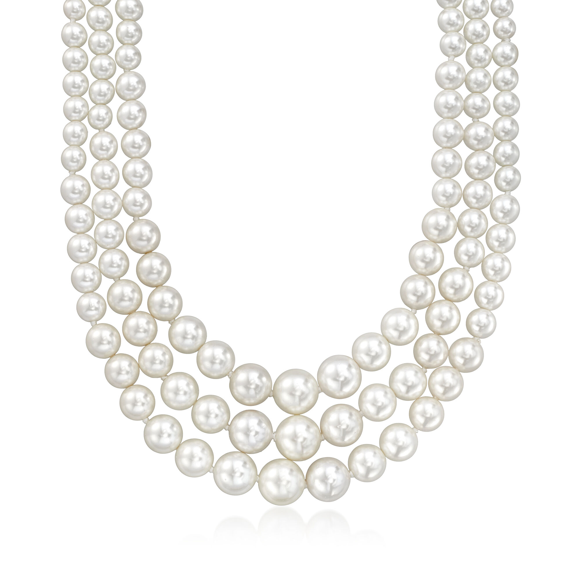 6 12mm Shell Pearl Graduated Three Strand Necklace with Sterling Silver