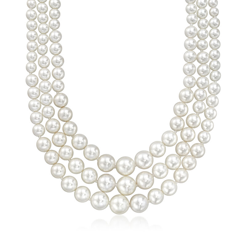 6-12mm Shell Pearl Graduated Three-Strand Necklace with Sterling Silver. 18&quot; image number 1