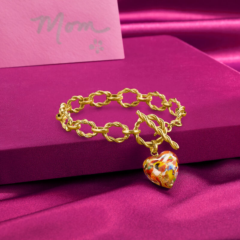 Italian Multicolored Murano Glass Heart Charm Toggle Bracelet in 18kt Gold Over Sterling image number 2