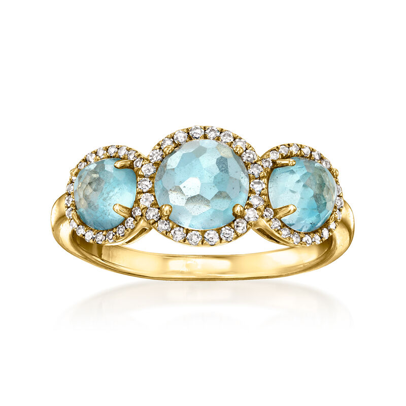 C. 1990 Vintage 2.45 ct. t.w. Sky Blue Topaz Three-Stone Ring with .35 ct. t.w. Diamonds in 10kt Yellow Gold. Size 7 image number 0