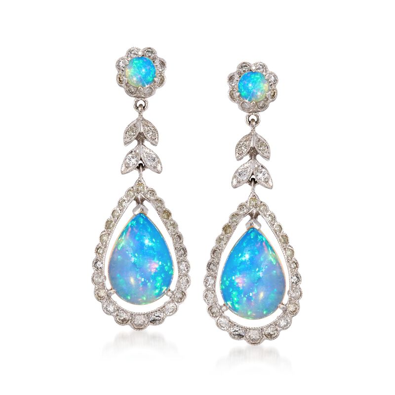 C. 2000 Vintage White Opal and 1.00 ct. t.w. Diamond Drop Earrings in 14kt White Gold image number 0