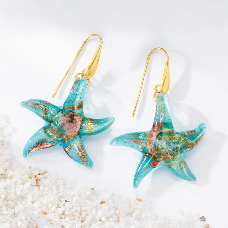 Italian Murano Glass Starfish Drop Earrings with 18kt Gold Over Sterling image number 2