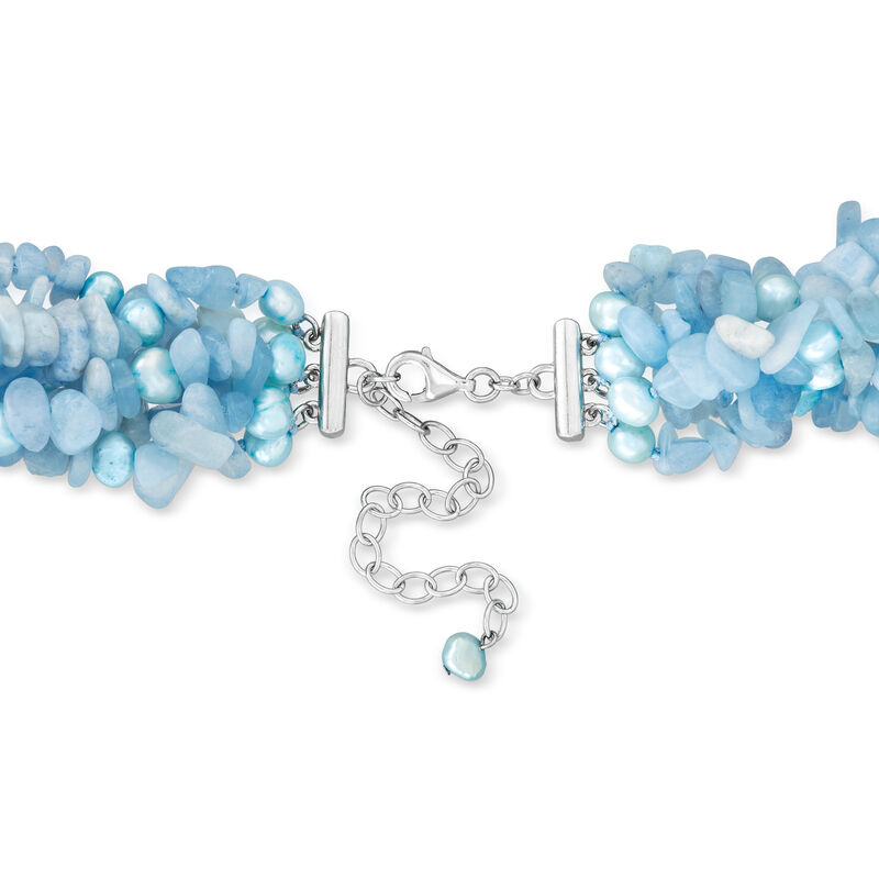 5-6mm Blue Cultured Pearl and 850.00 ct. t.w. Aquamarine Bead Torsade Necklace with Sterling Silver. 18&quot; image number 2