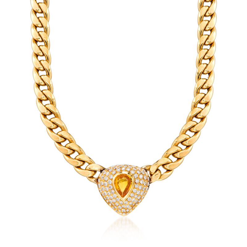 C. 1980 Vintage 3.00 Carat Citrine and 5.70 ct. t.w. Diamond Curb Link Necklace in 18kt Yellow Gold image number 0