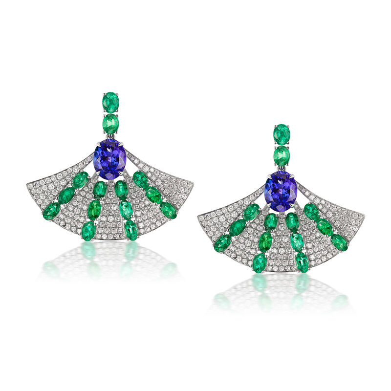5.90 ct. t.w. Tanzanite, 5.50 ct. t.w. Emerald and 2.60 ct. t.w. Diamond Fan Drop Earrings in 18kt White Gold image number 0