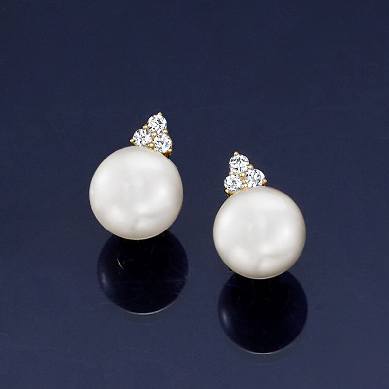 8.5-9mm Cultured Pearl and .16 ct. t.w. Diamond Drop Earrings in 14kt Yellow Gold image number 4