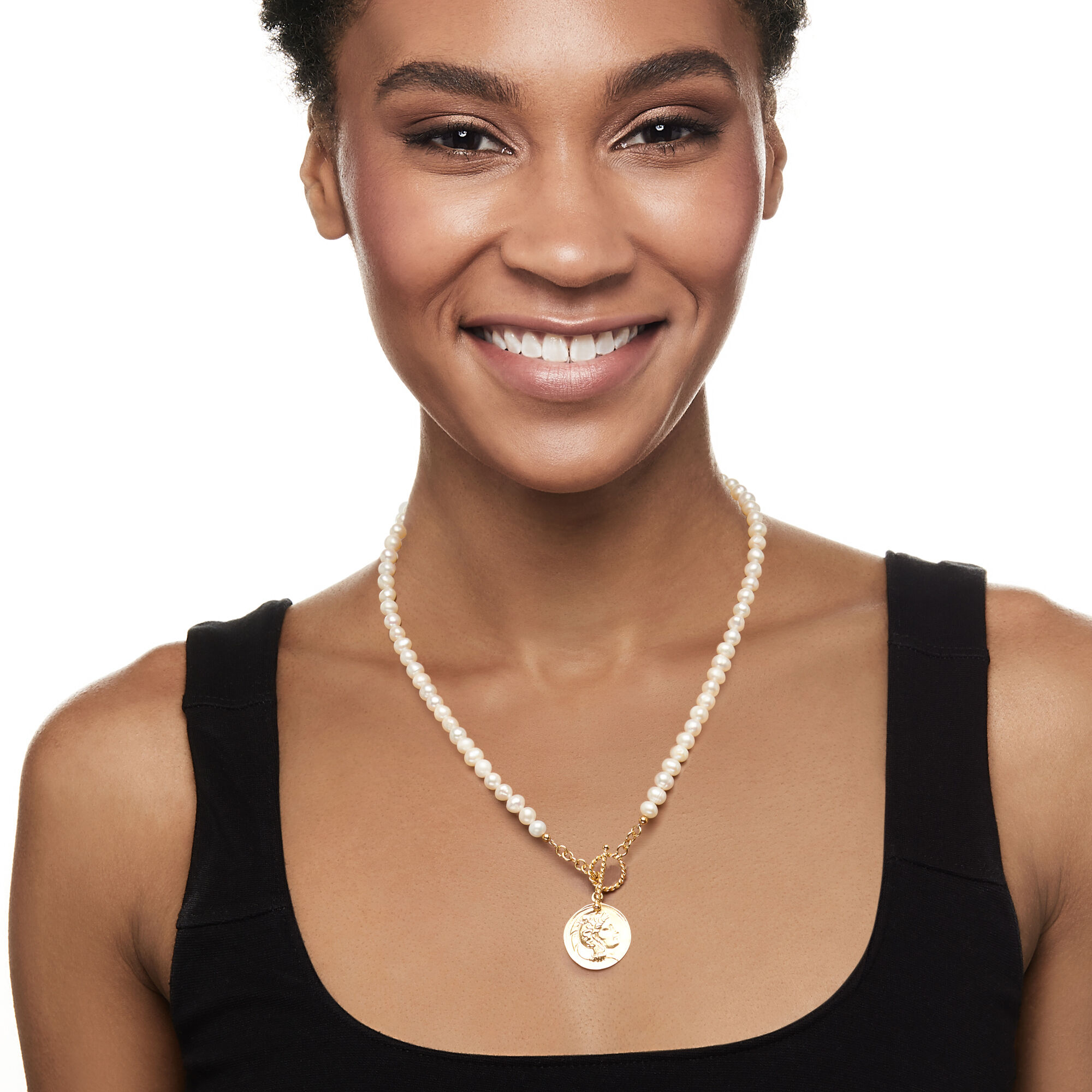 5.5 6mm Cultured Pearl and Replica Roman Coin Charm Necklace in 18kt Gold Over Sterling