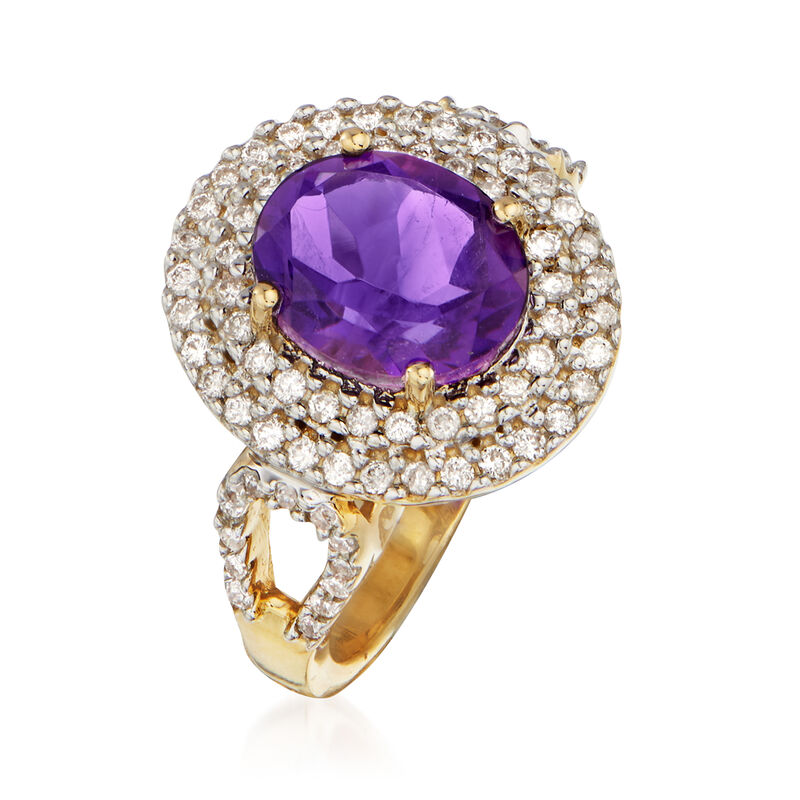 2.40 Carat Amethyst and .60 ct. t.w. Diamond Ring in 14kt Yellow Gold image number 2