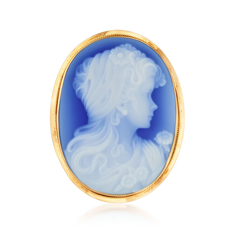 C. 1980 Vintage Blue Agate Cameo Pin/Pendant in 18kt Yellow Gold image number 2