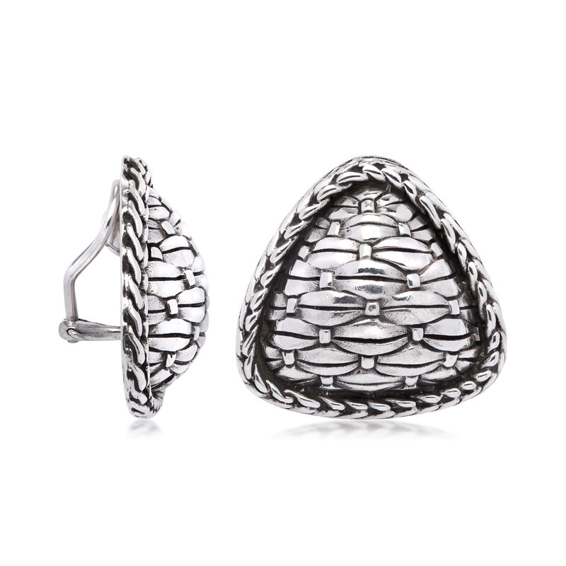 C. 1990 Vintage John Hardy Sterling Silver Triangular Basketweave Clip-On Earrings image number 2