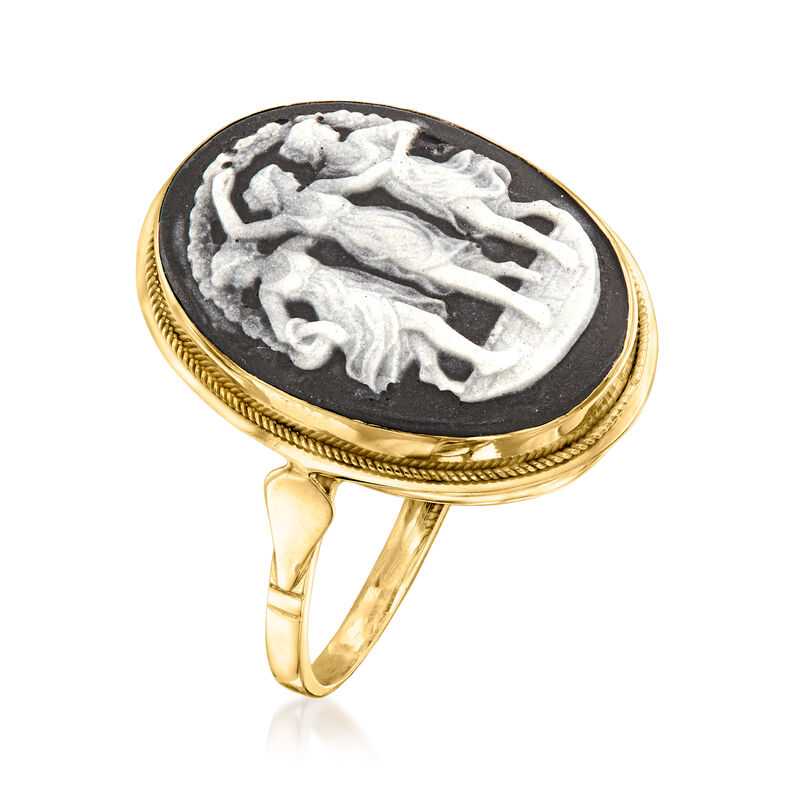 C. 1980 Vintage Black Agate the Three Graces Cameo Ring in 10kt Yellow Gold image number 2