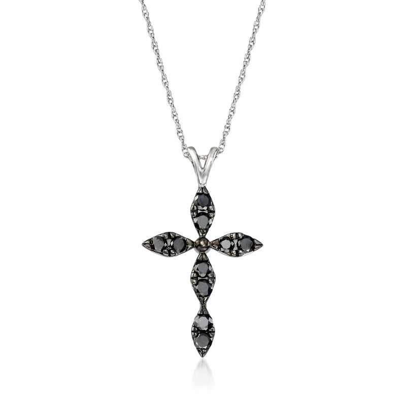 .50 ct. t.w. Black Diamond Cross Pendant Necklace in 14kt White Gold. 18&quot; image number 1