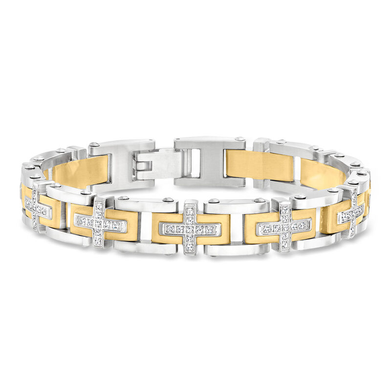 Men's 1.30 ct. t.w. CZ Cross Bracelet in Stainless Steel and 18kt Yellow Gold Plate. 9" image number 0