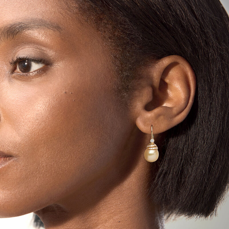 C. 1990 Vintage 13x10.5mm Cultured Golden Pearl Drop Earrings with .47 ct. t.w. Diamonds in 14kt Yellow Gold. Leverback Earrings image number 1